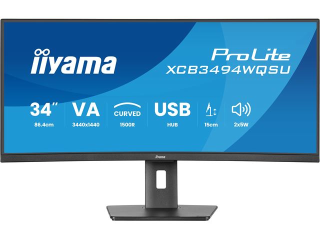 iiyama ProLite curved monitor XCB3494WQSU-B1 34" VA ultra-wide screen, FreeSync, HDMI, USB Hub, Height Adjustable image 1