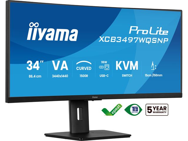 iiyama ProLite curved monitor XCB3497WQSNP-B1 34" VA ultra-wide screen with KVM Switch, LAN and USB-C Dock, HDMI and Height Adjustment image 2