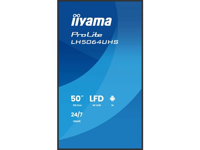 iiyama ProLite LH5064UHS-B1AG 50" Digital Signage, IPS, 4K, 24/7, USB-C, HDMI, Landscape/Portrait, iiSignage², Android 14 OS and FailOver image 1