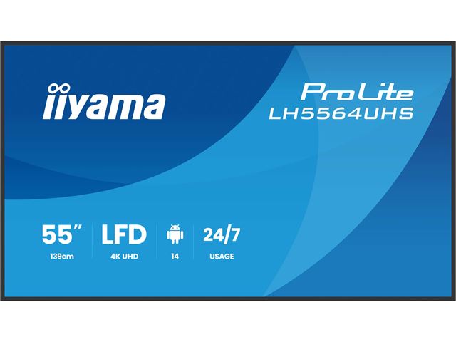 iiyama ProLite LH5564UHS-B1AG 55" Digital Signage, IPS, 4K, 24/7, USB-C, HDMI, Landscape/Portrait, iiSignage², Android 14 OS and FailOver image 0