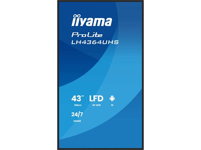 iiyama ProLite LH4364UHS-B1AG 43" Digital Signage, IPS, 4K, 24/7, USB-C, HDMI, Landscape/Portrait, iiSignage², Android 14 OS and FailOver image 1