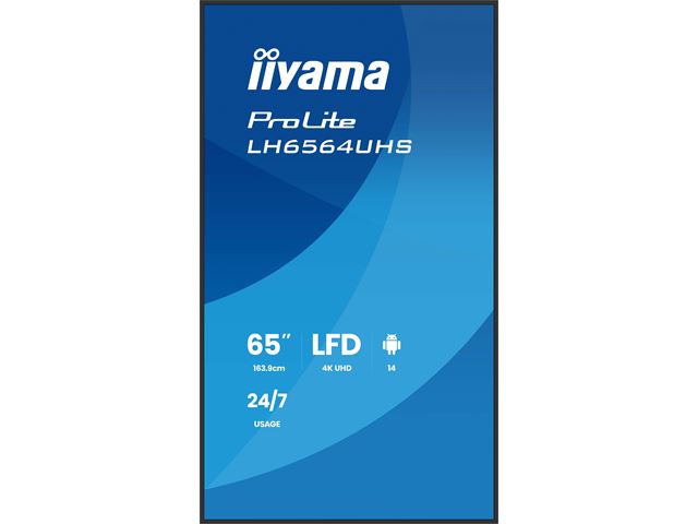 iiyama ProLite LH6564UHS-B1AG 65" Digital Signage, IPS, 4K, 24/7, USB-C, HDMI, Landscape/Portrait, iiSignage², Android 14 OS and FailOver image 1