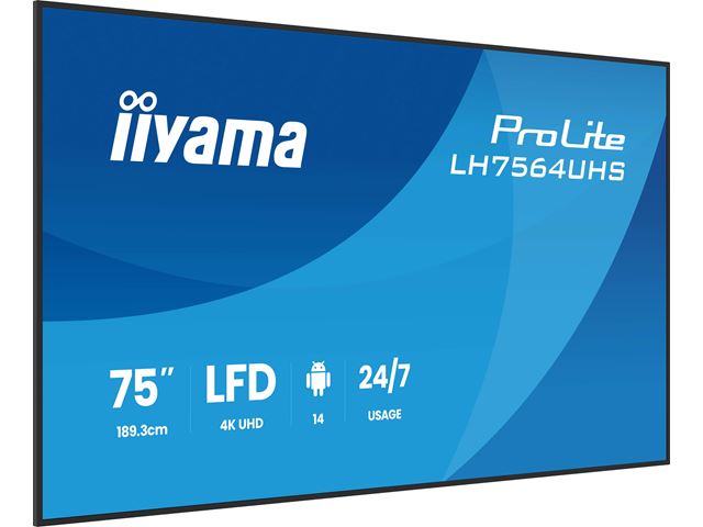 iiyama ProLite LH7564UHS-B1AG 75" Digital Signage, IPS, 4K, 24/7, USB-C, HDMI, Landscape/Portrait, iiSignage², Android 14 OS and FailOver image 2