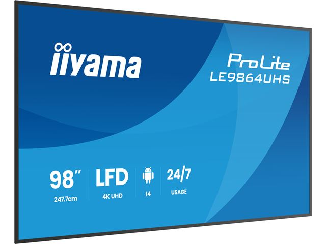 iiyama ProLite LE9864UHS-B1AG 98" Digital Signage, VA, 4K, 24/7, USB-C, HDMI, Landscape, iiSignage², Android 14 OS and FailOver, Anti-Glare image 1