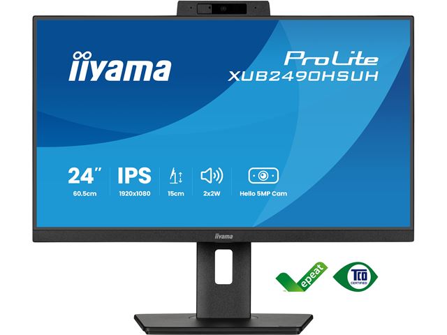iiyama ProLite monitor XUB2490HSUH-B2 24" IPS, built-in Windows Hello camera and microphone, Height Adjustable, 3-side borderless design image 0