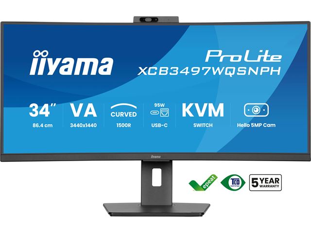 iiyama ProLite curved monitor XCB3497WQSNPH-B1 34" VA curved ultra-wide screen with KVM Switch, LAN and USB-C Dock, built-in Windows Hello camera and mic HDMI and Height Adjustment image 0