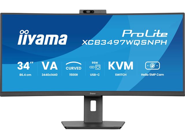 iiyama ProLite curved monitor XCB3497WQSNPH-B1 34" VA curved ultra-wide screen with KVM Switch, LAN and USB-C Dock, built-in Windows Hello camera and mic HDMI and Height Adjustment image 1
