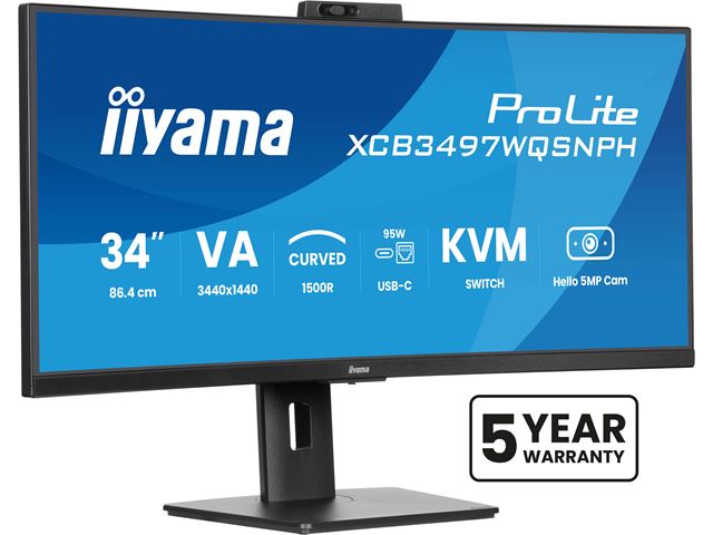 iiyama ProLite curved monitor XCB3497WQSNPH-B1 34" VA curved ultra-wide screen with KVM Switch, LAN and USB-C Dock, built-in Windows Hello camera and mic HDMI and Height Adjustment image 2