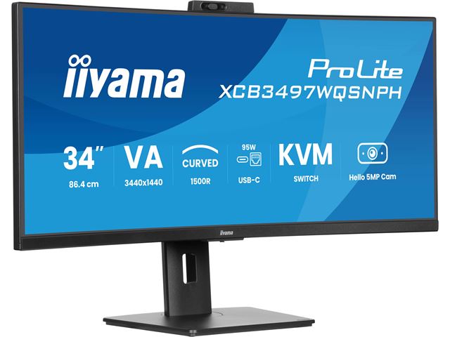 iiyama ProLite curved monitor XCB3497WQSNPH-B1 34" VA curved ultra-wide screen with KVM Switch, LAN and USB-C Dock, built-in Windows Hello camera and mic HDMI and Height Adjustment image 3