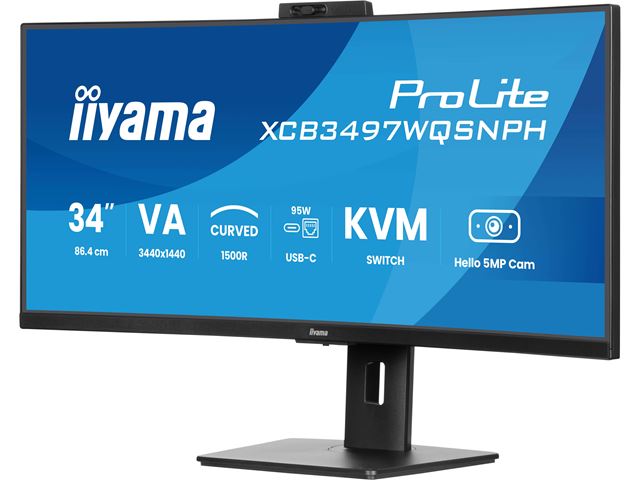 iiyama ProLite curved monitor XCB3497WQSNPH-B1 34" VA curved ultra-wide screen with KVM Switch, LAN and USB-C Dock, built-in Windows Hello camera and mic HDMI and Height Adjustment image 4