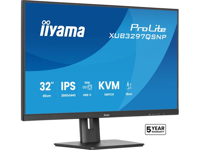 iiyama ProLite monitor XUB3297QSNP-B1 32", QHD IPS, RJ45 (LAN), KVM Switch and USB-C Dock with 95W power delivery, Height Adjustable, Black image 3