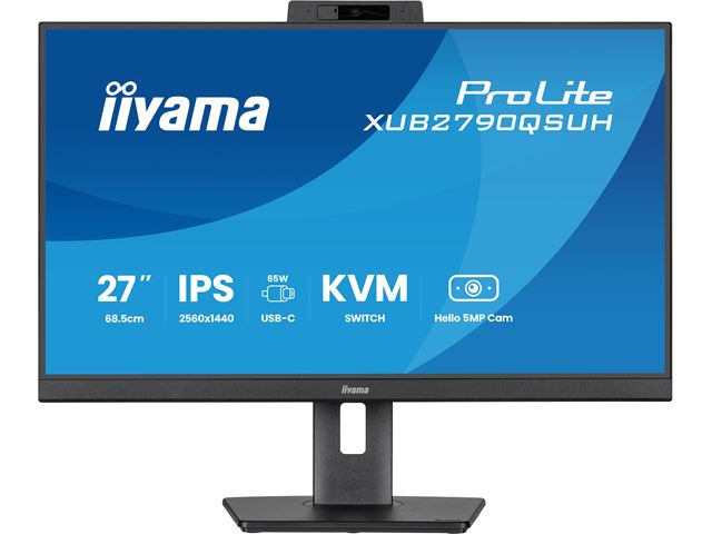 iiyama ProLite monitor XUB2790QSUH-B2 27" IPS, built-in Windows Hello camera and microphone, QHD resolution, KVM switch, Height Adjustable, 3-side borderless design image 0