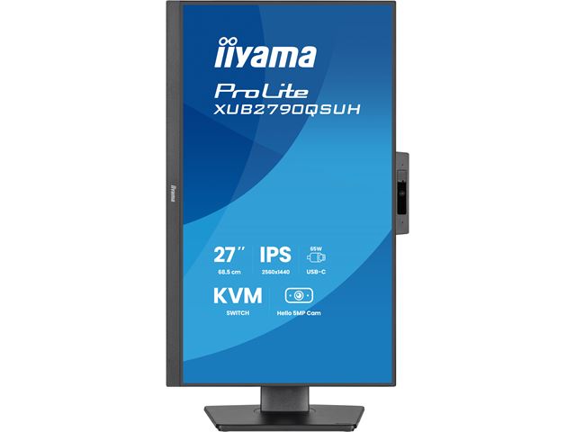 iiyama ProLite monitor XUB2790QSUH-B2 27" IPS, built-in Windows Hello camera and microphone, QHD resolution, KVM switch, Height Adjustable, 3-side borderless design image 1