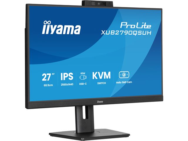iiyama ProLite monitor XUB2790QSUH-B2 27" IPS, built-in Windows Hello camera and microphone, QHD resolution, KVM switch, Height Adjustable, 3-side borderless design image 2