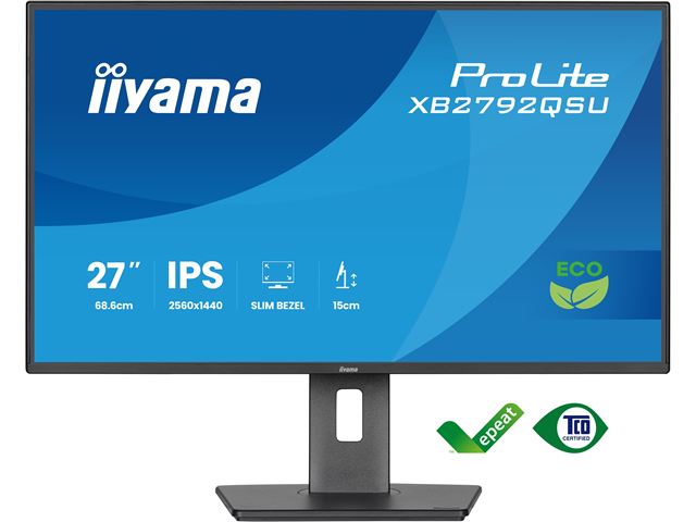 iiyama ProLite monitor XB2792QSU-B1 27" IPS, Height Adjustable, 2560x1440, 4-side slim bezel and B energy class, Black, HDMI, Display Port, image 0