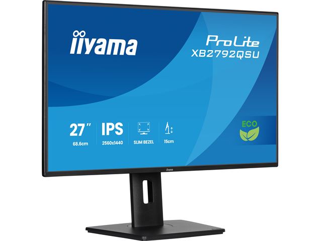 iiyama ProLite monitor XB2792QSU-B1 27" IPS, Height Adjustable, 2560x1440, 4-side slim bezel and B energy class, Black, HDMI, Display Port, image 4