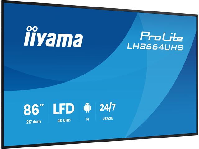 iiyama ProLite LH8664UHS-B3AG 86" Digital Signage, IPS, 4K, 24/7, USB-C, HDMI, Landscape/Portrait, iiSignage², Android 14 OS and FailOver image 2