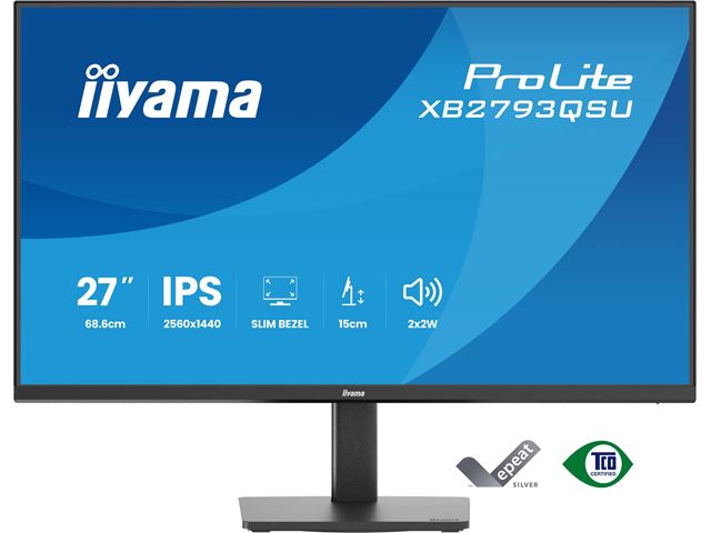 iiyama ProLite monitor XB2793QSU-B1 Height Adjustable ergonoic stand, 27" IPS, 75Hz, Black, 4-side slim bezel and QHD Res 2560×1440, HDMI, Display Port, USB Hub image 0