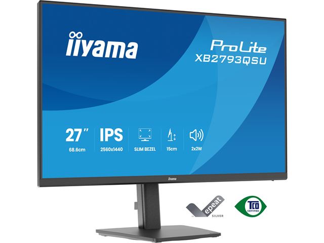 iiyama ProLite monitor XB2793QSU-B1 Height Adjustable ergonoic stand, 27" IPS, 75Hz, Black, 4-side slim bezel and QHD Res 2560×1440, HDMI, Display Port, USB Hub image 3