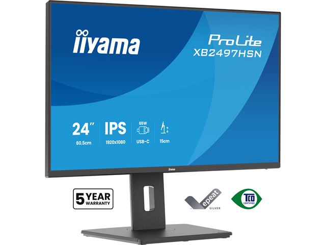 iiyama ProLite monitor XB2497HSN-B1 24" IPS, Full HD, Ultra Slim Bezel, HDMI, Display Port, USB-C dock, Ergonomic Height Adjustable.  image 3