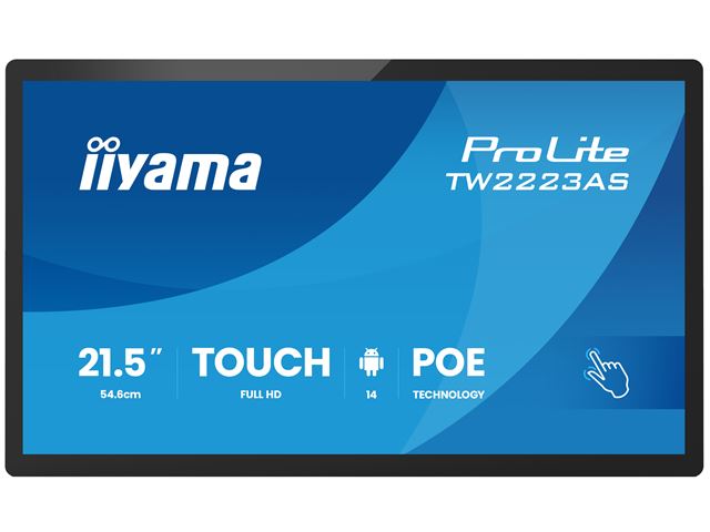 iiyama ProLite TW2223AS-B3P, 22” Full HD PCAP 10pt touch screen with Android and edge-to-edge glass, 24/7, POE, Wi-Fi connection, LAN (RJ45) and Bluetooth connectors image 0