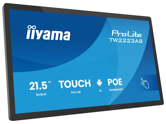 iiyama ProLite TW2223AS-B3P, 22” Full HD PCAP 10pt touch screen with Android and edge-to-edge glass, 24/7, POE, Wi-Fi connection, LAN (RJ45) and Bluetooth connectors image 1