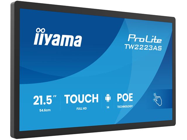 iiyama ProLite TW2223AS-B3P, 22” Full HD PCAP 10pt touch screen with Android and edge-to-edge glass, 24/7, POE, Wi-Fi connection, LAN (RJ45) and Bluetooth connectors image 2