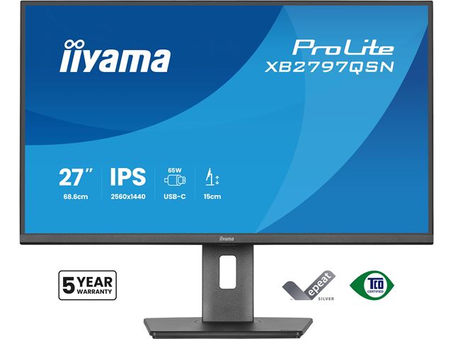 iiyama ProLite monitor XB2797QSN-B1 27" IPS, WQHD, USB-C dock and RJ45 (LAN), Ultra Slim Bezel, HDMI, Display Port, Height Adjustable.  image 0