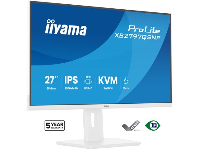 iiyama ProLite monitor XB2797QSNP-W1 27" IPS, WQHD, KVM Switch, USB-C dock and RJ45 (LAN), Ultra Slim Bezel, HDMI, Display Port, Height Adjustable.  image 3