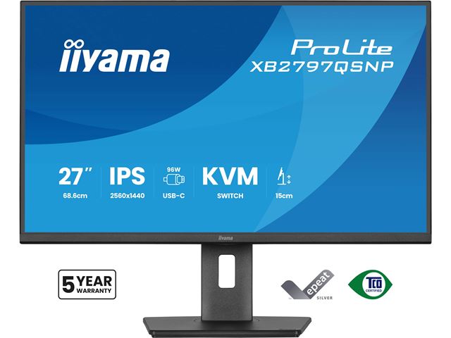 iiyama ProLite monitor XB2797QSNP-B1 27" IPS, WQHD, KVM Switch, USB-C dock with 96W pwer delivery and RJ45 (LAN), Ultra Slim Bezel, HDMI, Display Port, Height Adjustable image 0