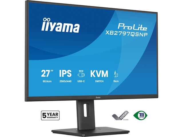 iiyama ProLite monitor XB2797QSNP-B1 27" IPS, WQHD, KVM Switch, USB-C dock with 96W pwer delivery and RJ45 (LAN), Ultra Slim Bezel, HDMI, Display Port, Height Adjustable image 15