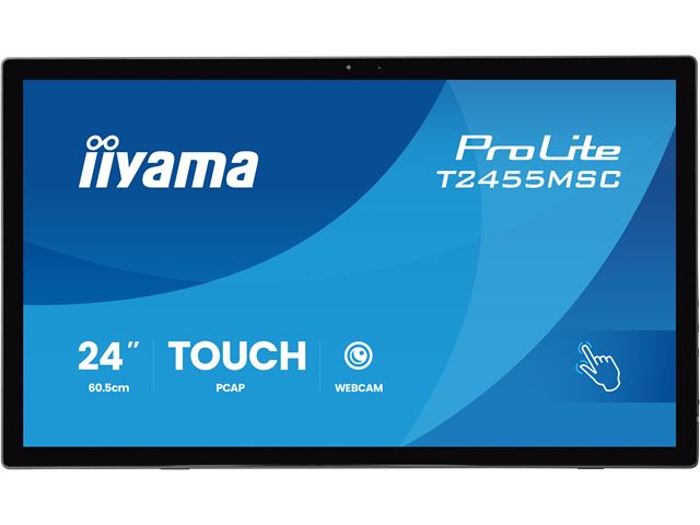 iiyama ProLite monitor T2455MSC-B2 24" Black, IPS, Projective Capacitive 10pt touch, HDMI, Display Port, edge-to-edge glass, anti fingerprint coating, integrated webcam & mic image 0
