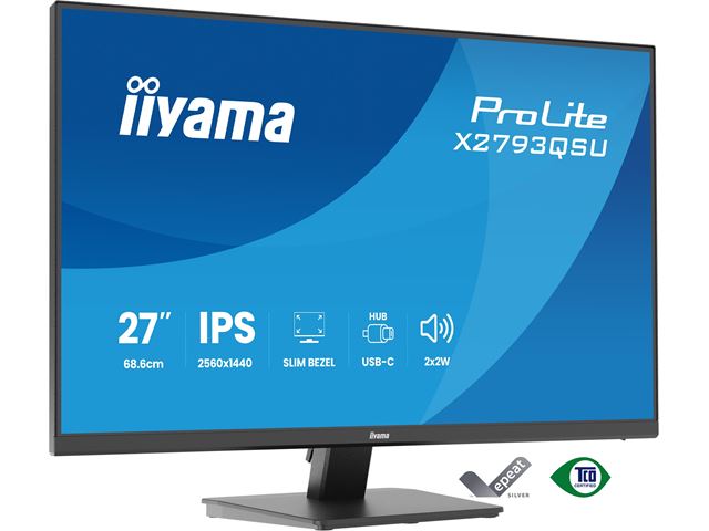 iiyama ProLite monitor X2793QSU-B1, 27" IPS, 75Hz, Black, 4-side slim bezel and QHD Res 2560×1440, HDMI, Display Port, USB Hub image 2