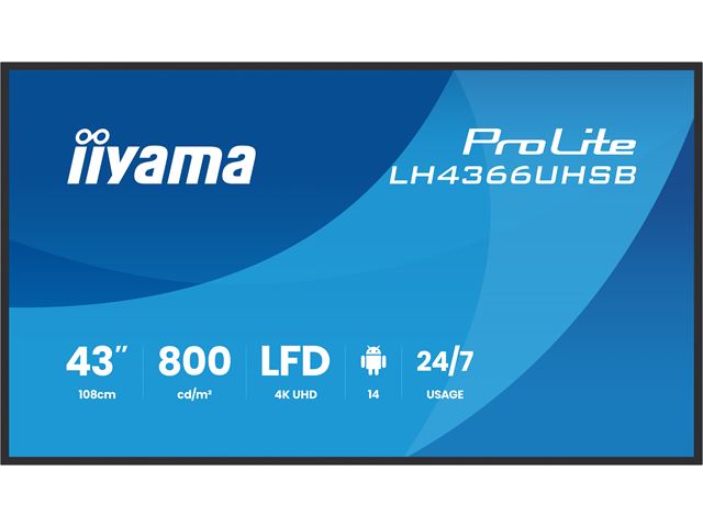 iiyama ProLite monitor LH4366UHSB-B1AG, 43"; IPS Professional Digital Signage display with 24/7, 4K UHD and 800cd high brightness, Android OS image 0