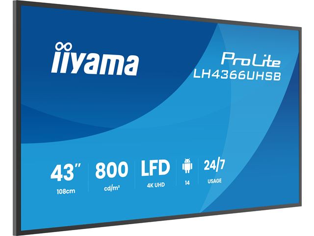 iiyama ProLite monitor LH4366UHSB-B1AG, 43"; IPS Professional Digital Signage display with 24/7, 4K UHD and 800cd high brightness, Android OS image 1