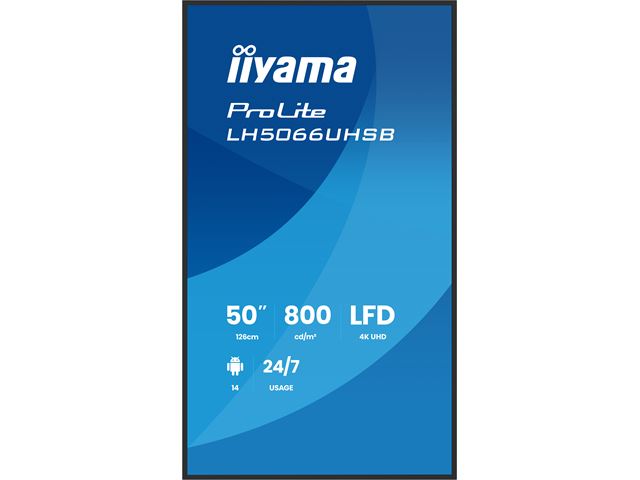iiyama ProLite monitor LH5066UHSB-B1AG 50", Digital Signage, IPS, HDMI, 4K, 24/7, Landscape/Portrait, Media Player, 800cd/m² panel for illuminating communication, Anti-Glare image 1