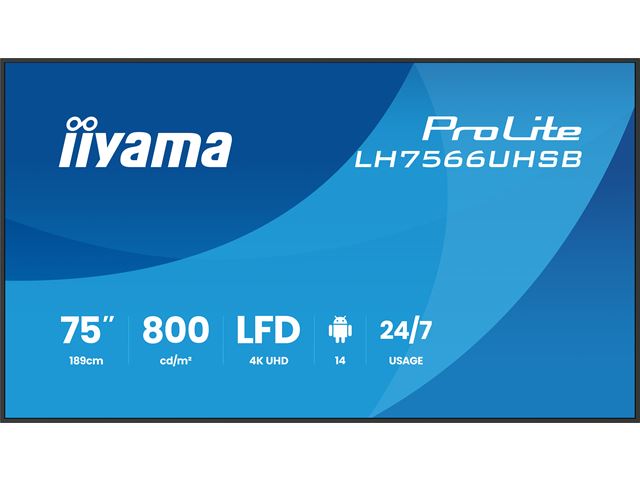 iiyama ProLite monitor LH7566UHSB-B1AG 75" Digital Signage, VA, HDMI, 4K, 24/7, Landscape/Portrait, Media Player, 800cd/m² panel for illuminating communication, Anti-Glare image 0