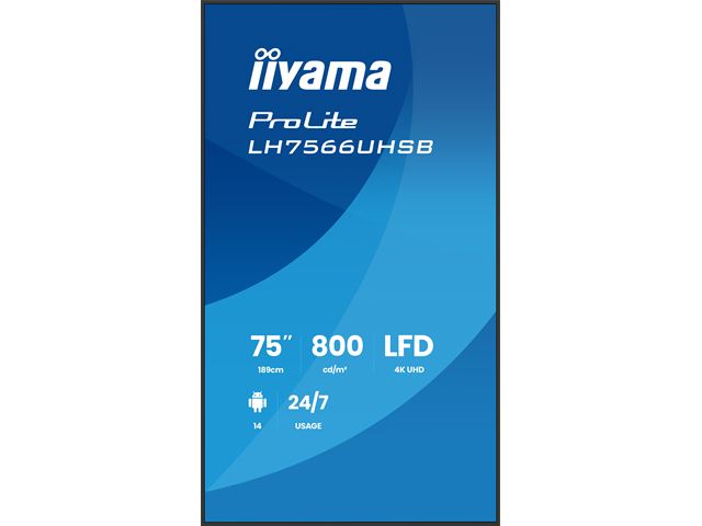 iiyama ProLite monitor LH7566UHSB-B1AG 75" Digital Signage, VA, HDMI, 4K, 24/7, Landscape/Portrait, Media Player, 800cd/m² panel for illuminating communication, Anti-Glare image 1