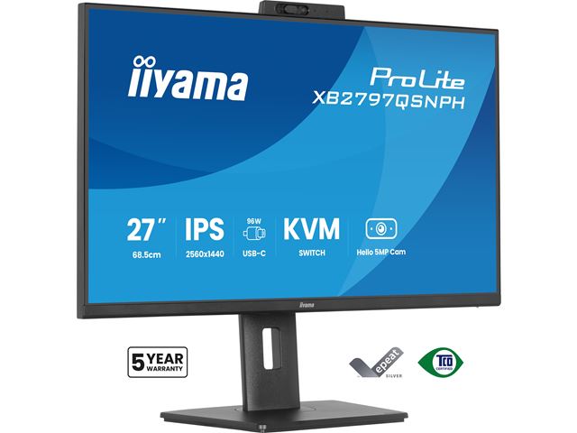iiyama ProLite monitor XB2797QSNPH-B1 27" IPS, built-in Windows Hello camera and microphone, QHD resolution, KVM switch, Height Adjustable, 3-side borderless design image 1