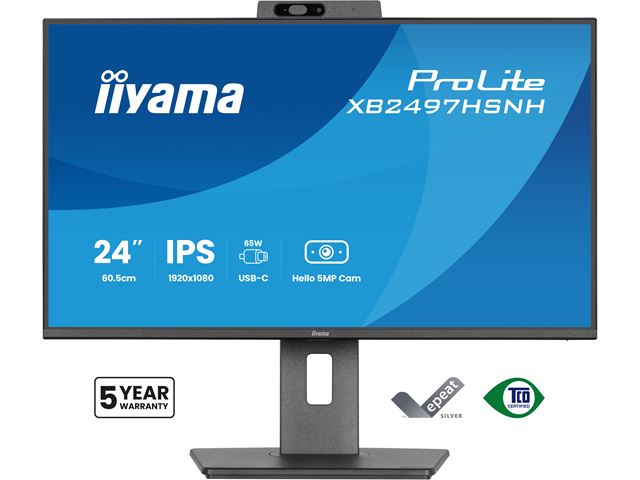 iiyama ProLite monitor XB2497HSNH-B1 24" IPS, Full HD, built-in 5MP Windows Hello camera and microphone, HDMI, Display Port, USB-C dock, Ergonomic Height Adjustable. image 0