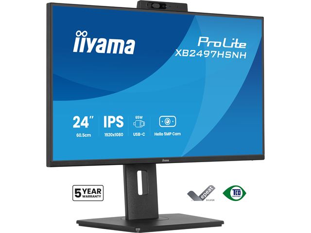 iiyama ProLite monitor XB2497HSNH-B1 24" IPS, Full HD, built-in 5MP Windows Hello camera and microphone, HDMI, Display Port, USB-C dock, Ergonomic Height Adjustable. image 3