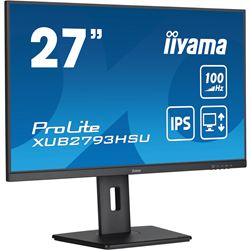 iiyama ProLite monitor XUB2793HSU-B7, 27" 3-side borderless design, IPS, 100hz, Height Adjustable and pivot function, HDMI, DisplayPort, FreeSync, Flicker free thumbnail 3